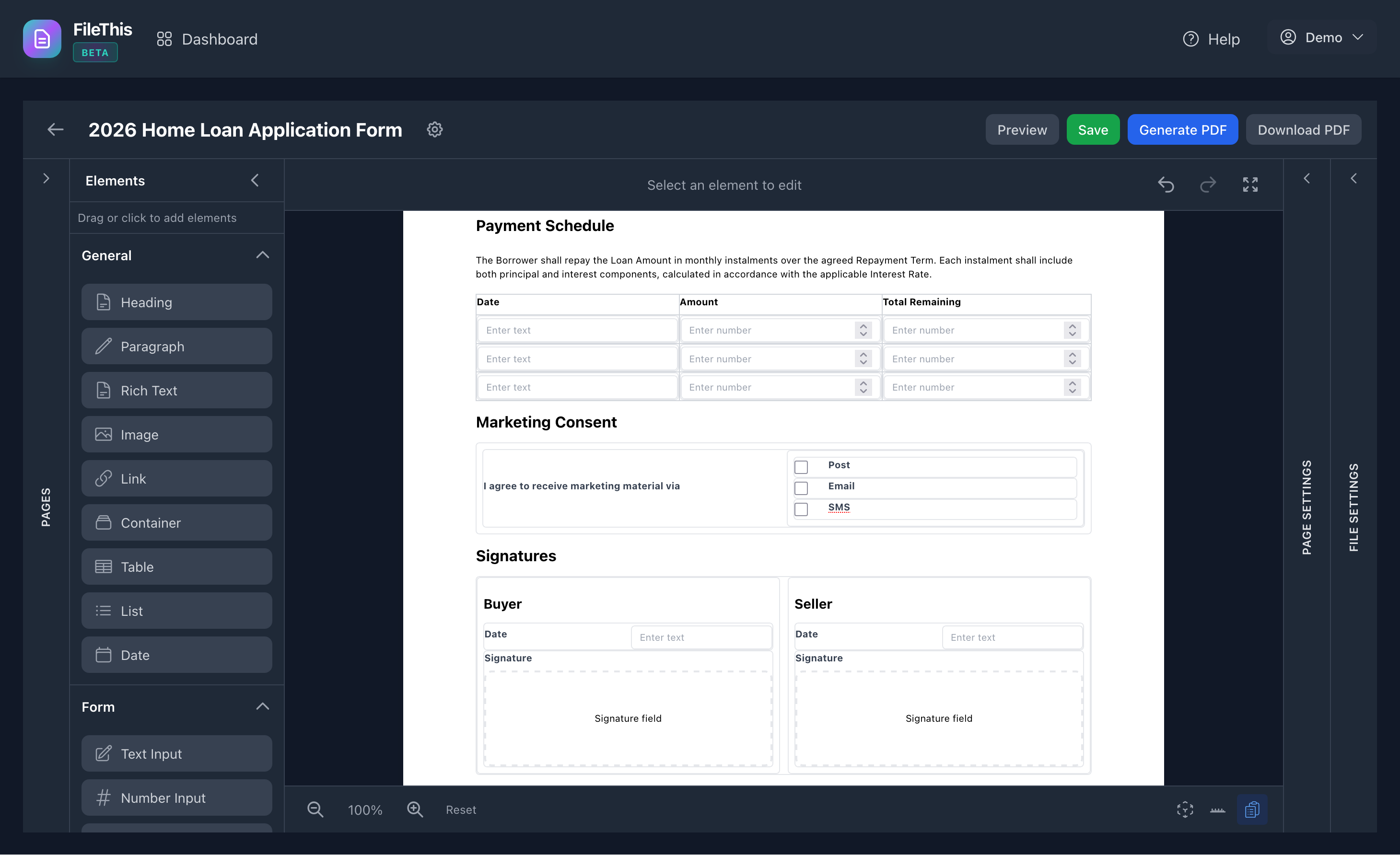 FileThis.io Form Builder - Visual drag-and-drop editor for creating professional PDF forms